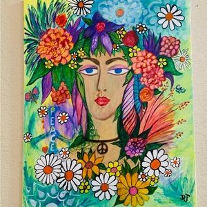 Hand Crafted Acrylic Painting of  a cool chic from the 60’s.